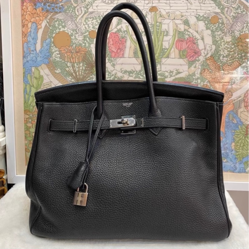 🧥HERMES愛馬仕BirKin35黑銀Togo皮機場包附鎖具💎-10