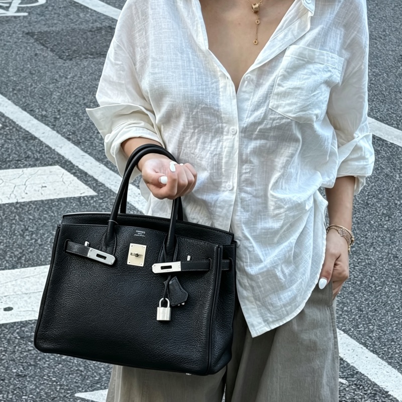 🧥HERMES愛馬仕BirKin35黑銀Togo皮機場包附鎖具💎-22