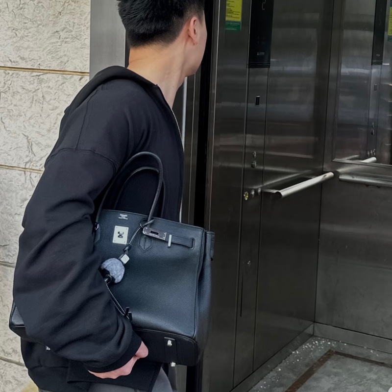 🧥HERMES愛馬仕BirKin35黑銀Togo皮機場包附鎖具💎-45