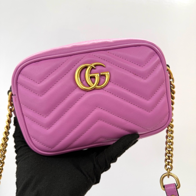 GUCCI 古馳 桃紫色 GG Marmont 牛皮斜背相機包 448065-0