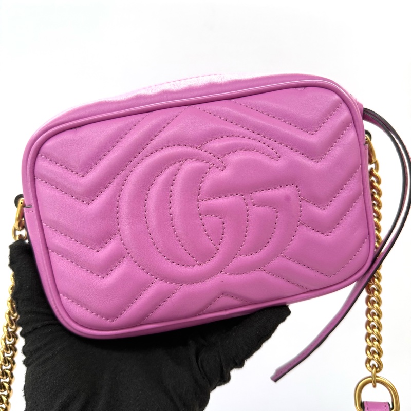 GUCCI 古馳 桃紫色 GG Marmont 牛皮斜背相機包 448065-1