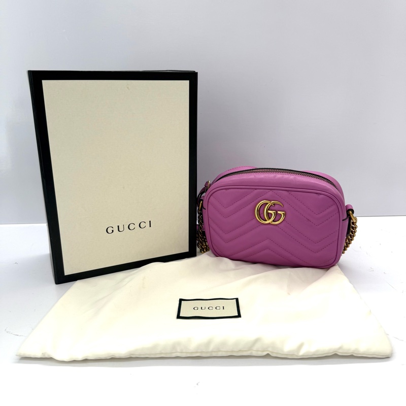 GUCCI 古馳 桃紫色 GG Marmont 牛皮斜背相機包 448065-2