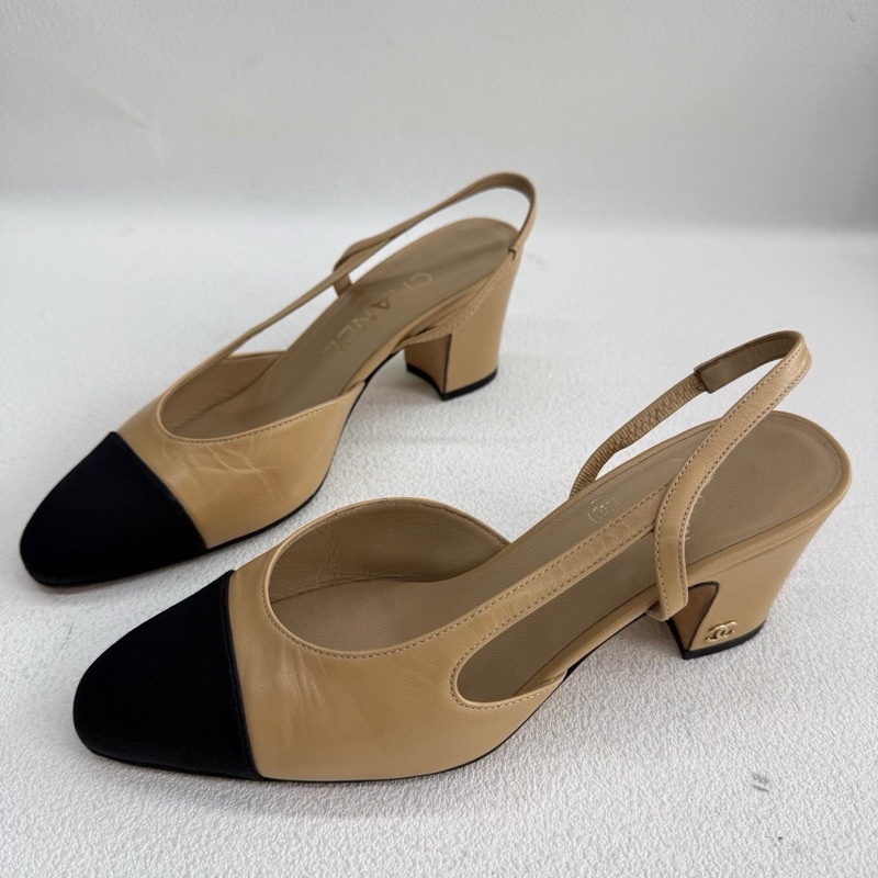Chanel香奈兒Slingback 後系帶 皮質  米黑色 35碼-0