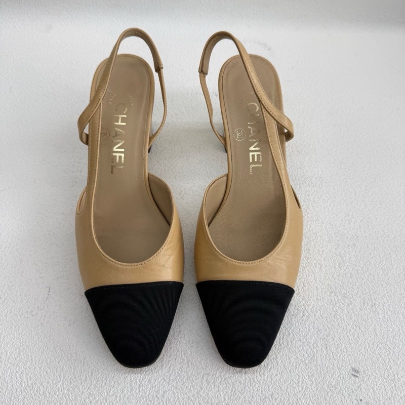 Chanel香奈兒Slingback 後系帶 皮質  米黑色 35碼-1