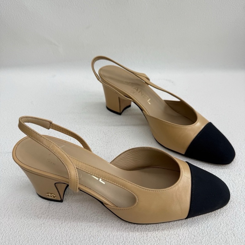 Chanel香奈兒Slingback 後系帶 皮質  米黑色 35碼-2