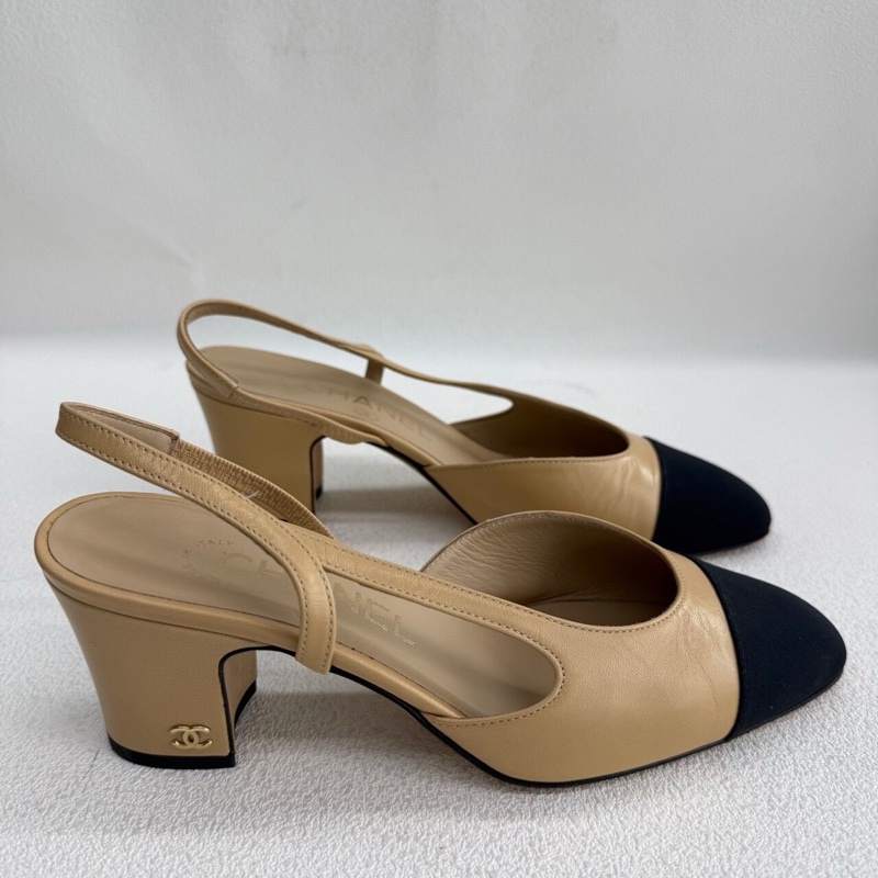 Chanel香奈兒Slingback 後系帶 皮質  米黑色 35碼-3