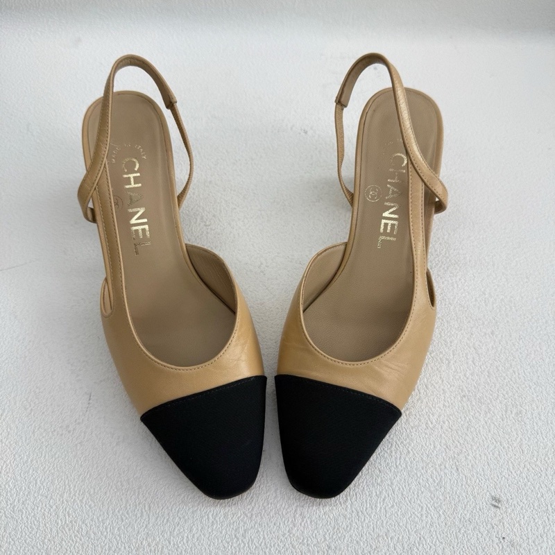 Chanel香奈兒Slingback 後系帶 皮質  米黑色 35碼-8
