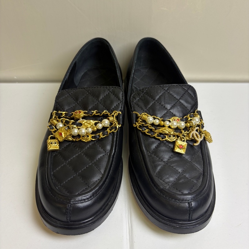 CHANEL香奈兒 爆款鏈條香水瓶樂福鞋 重工款黑金配色 菱格紋 36碼-0