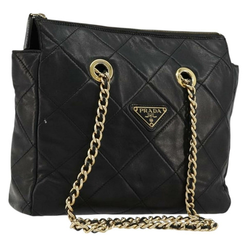 PRADA 絎縫鏈條單肩包 羊皮 黑色 金色 Auth 119692