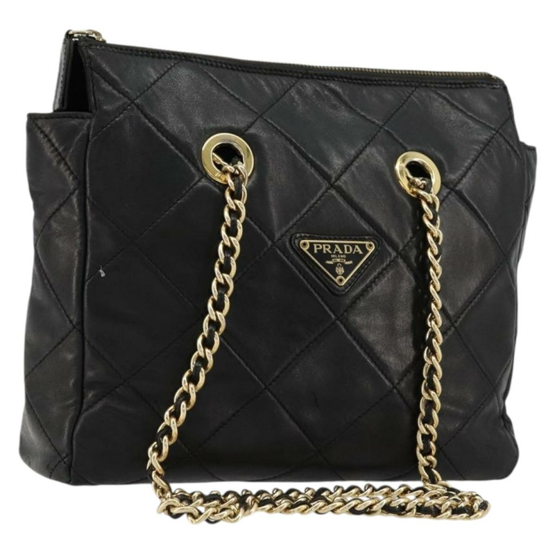 【日本直送】PRADA 絎縫鏈條單肩包 羊皮 黑色 金色 Auth 119692-0