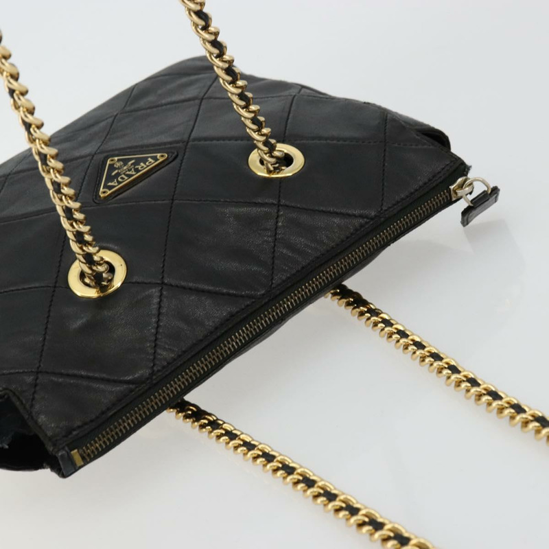 【日本直送】PRADA 絎縫鏈條單肩包 羊皮 黑色 金色 Auth 119692-5