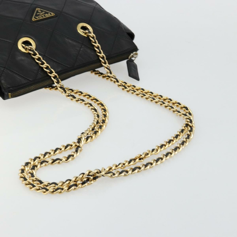 【日本直送】PRADA 絎縫鏈條單肩包 羊皮 黑色 金色 Auth 119692-6