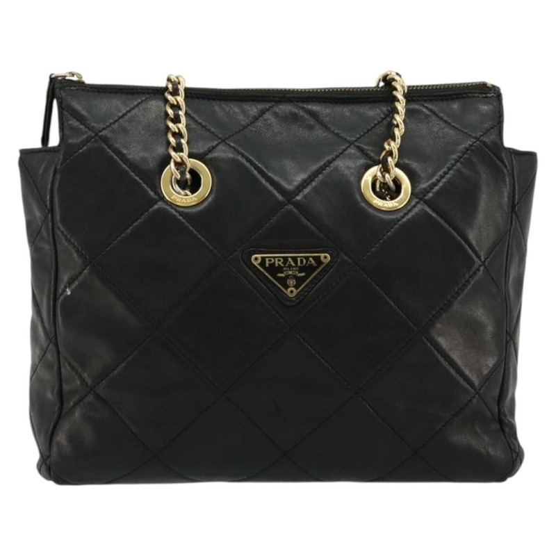 【日本直送】PRADA 絎縫鏈條單肩包 羊皮 黑色 金色 Auth 119692-12