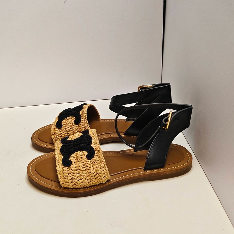 99新Celine/賽琳 黑拼棕色草編涼鞋 尺碼36  🈚附件-1