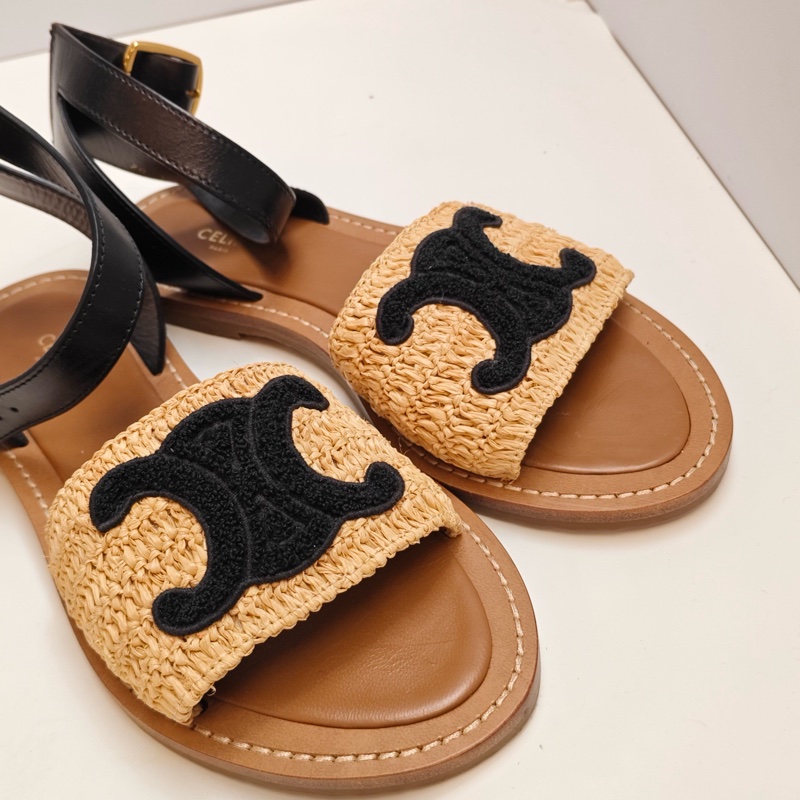 99新Celine/賽琳 黑拼棕色草編涼鞋 尺碼36  🈚附件-2