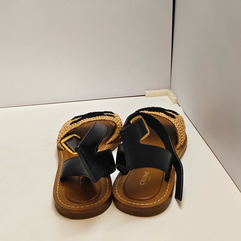 99新Celine/賽琳 黑拼棕色草編涼鞋 尺碼36  🈚附件-4