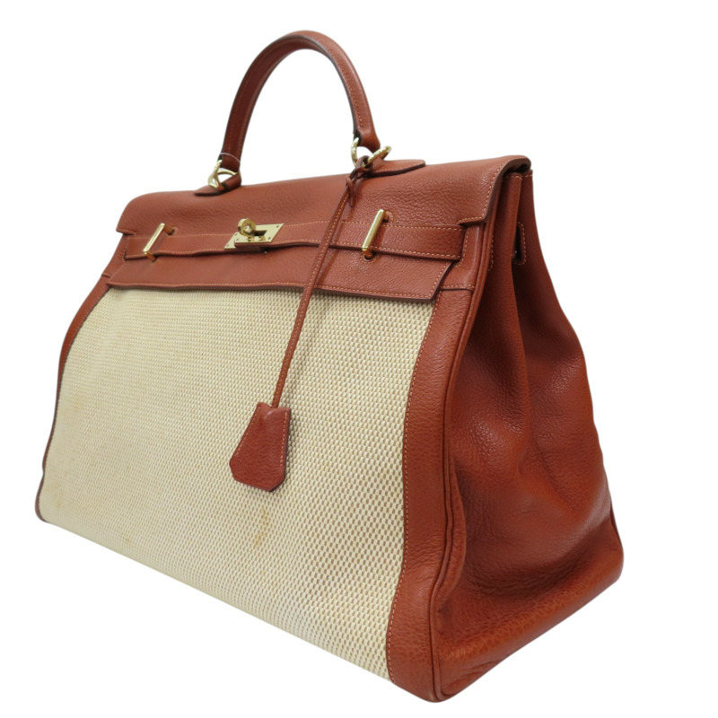 米色帆布 棕色皮革 Kelly 50 凱莉包 手提包 口G刻 金釦 (無鎖頭/背帶)【HERMES 愛馬仕】-2