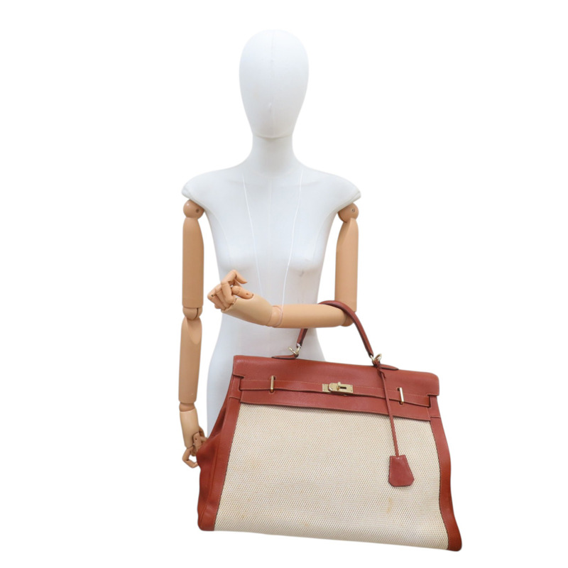 米色帆布 棕色皮革 Kelly 50 凱莉包 手提包 口G刻 金釦 (無鎖頭/背帶)【HERMES 愛馬仕】-8