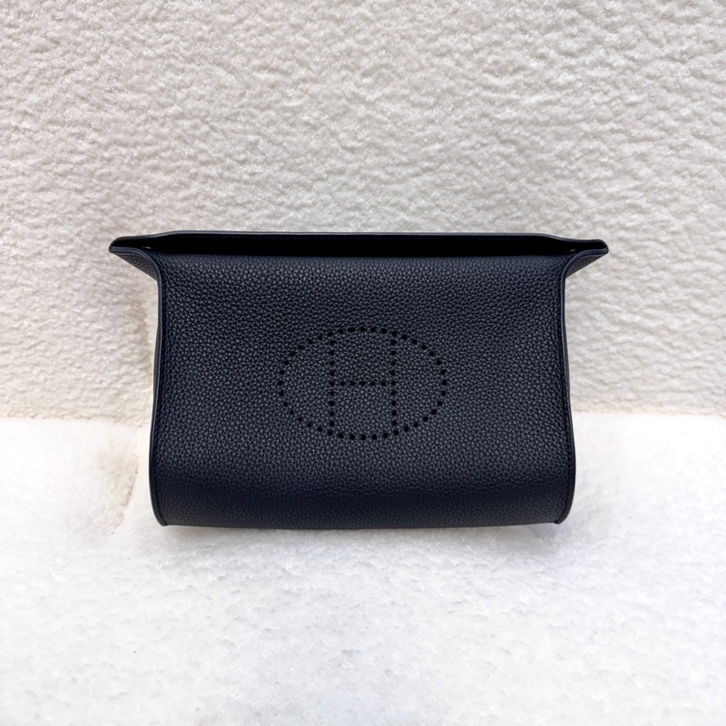 愛馬仕餐盤包Hermès Videpoches 黑色Togo皮帆布背袋肩背包 H084283-4