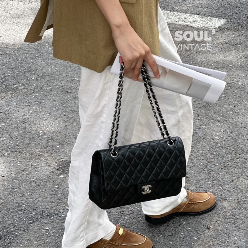 🕯️超優惠香奈兒CHANEL Classic Flap 25cm黑銀羊皮雙蓋口蓋包 A01112優雅大氣 🖤-3