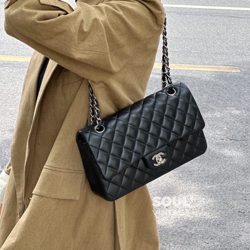 🕯️超優惠香奈兒CHANEL Classic Flap 25cm黑銀羊皮雙蓋口蓋包 A01112優雅大氣 🖤-4