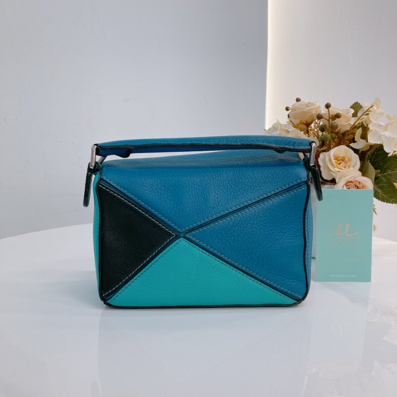 MS0682 Loewe 羅意威 迷你 拼圖包 牛皮 手提 斜背 單肩 黑色 綠色 藍色 銀扣 Mini Puzzle Bag Calfskin Blue,Green and Black X PHW-1