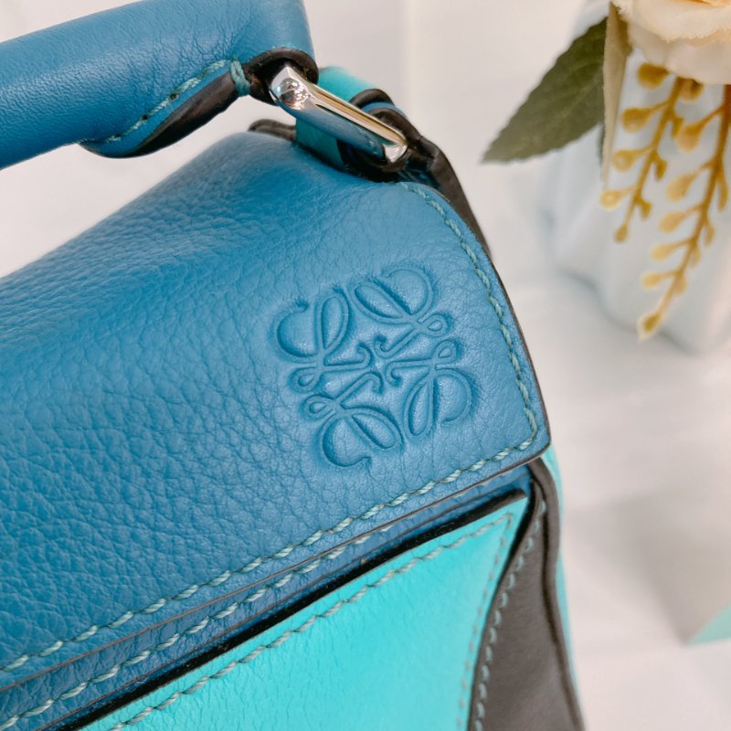 MS0682 Loewe 羅意威 迷你 拼圖包 牛皮 手提 斜背 單肩 黑色 綠色 藍色 銀扣 Mini Puzzle Bag Calfskin Blue,Green and Black X PHW-11