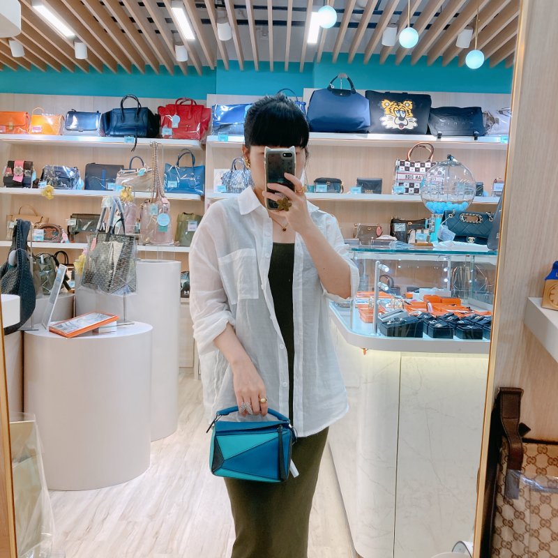MS0682 Loewe 羅意威 迷你 拼圖包 牛皮 手提 斜背 單肩 黑色 綠色 藍色 銀扣 Mini Puzzle Bag Calfskin Blue,Green and Black X PHW-34