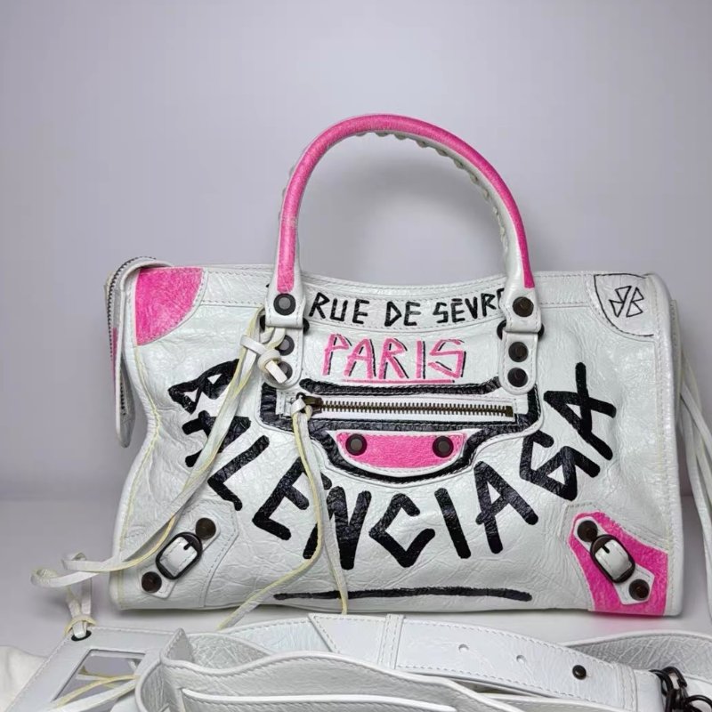 Balenciaga巴黎世家限量款白色塗鴉機車包 23.5cm x 16cm 98新鏡子 肩帶 塵袋-1