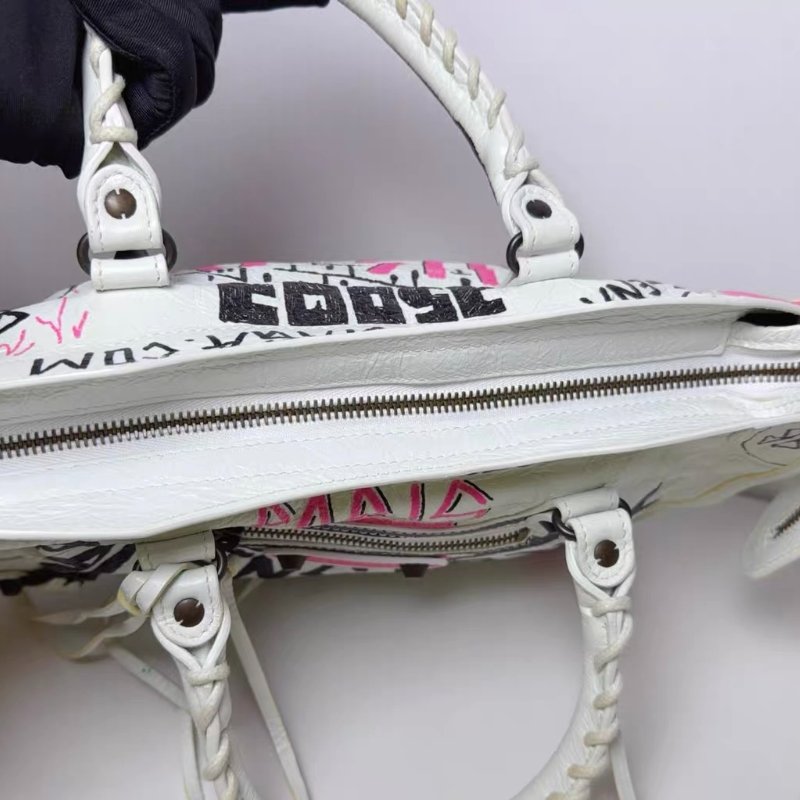 Balenciaga巴黎世家限量款白色塗鴉機車包 23.5cm x 16cm 98新鏡子 肩帶 塵袋-4