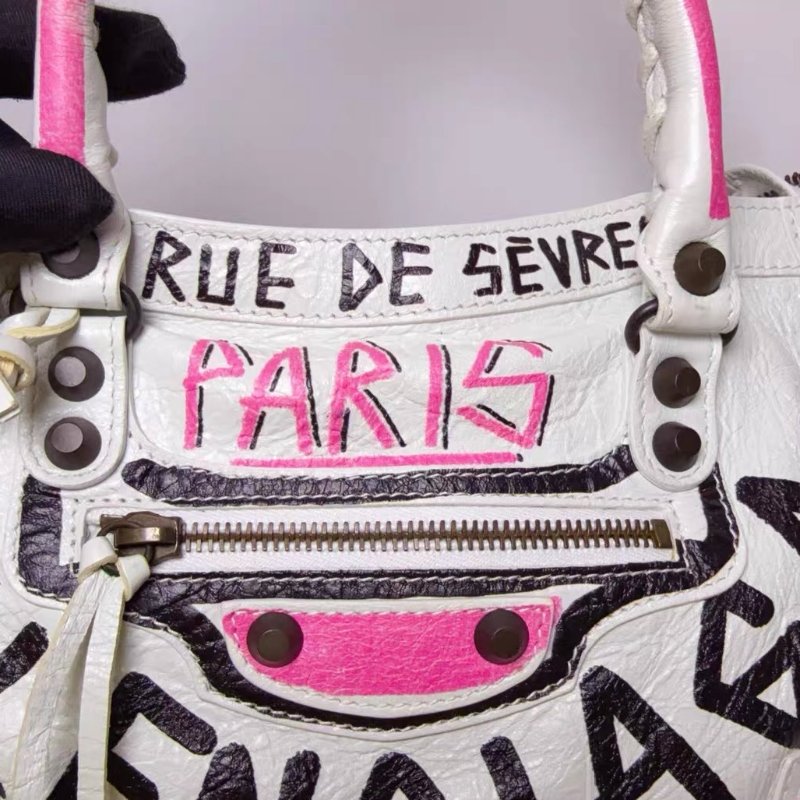 Balenciaga巴黎世家限量款白色塗鴉機車包 23.5cm x 16cm 98新鏡子 肩帶 塵袋-5