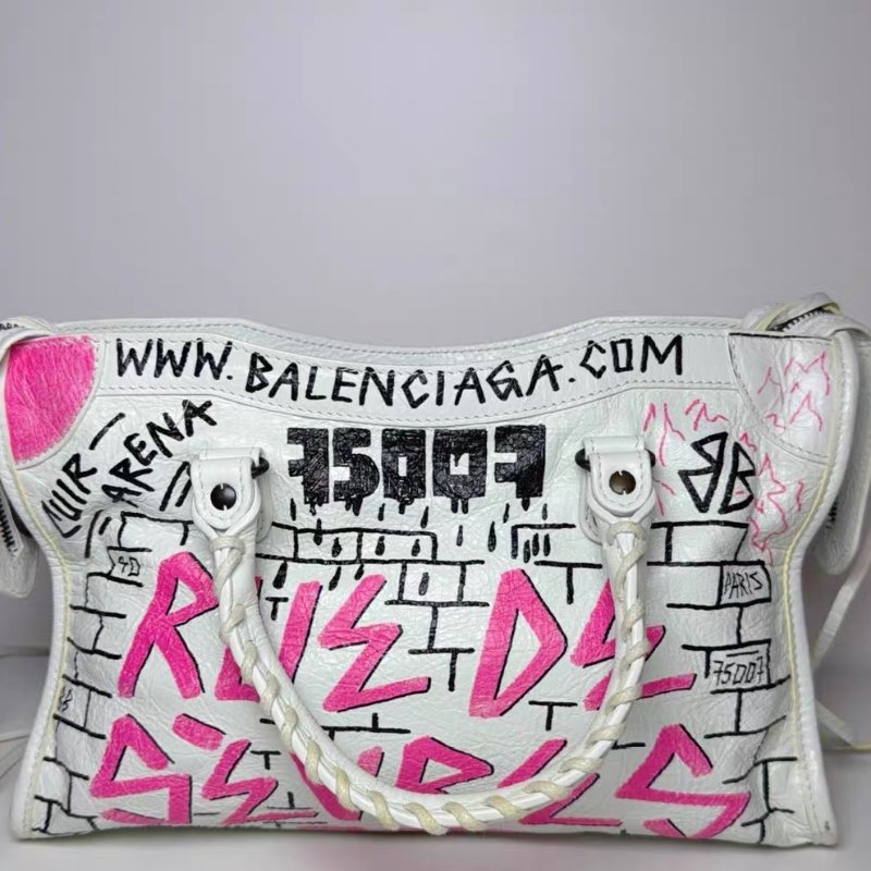 Balenciaga巴黎世家限量款白色塗鴉機車包 23.5cm x 16cm 98新鏡子 肩帶 塵袋-7