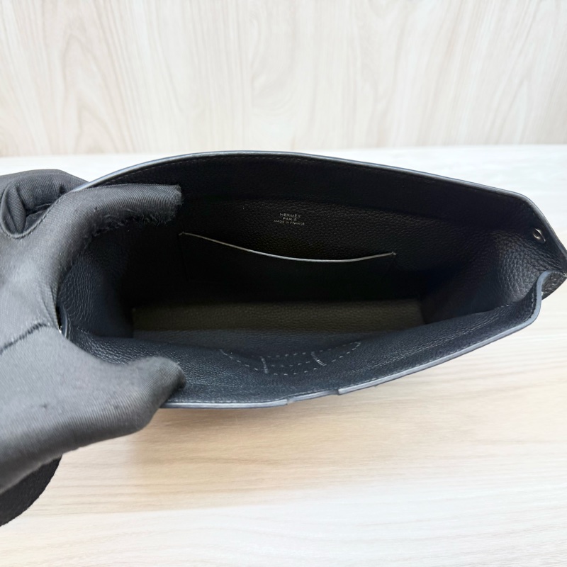 HERMES New💕黑色TOGO皮Videpoches帆布背袋肩背包 H084283-8