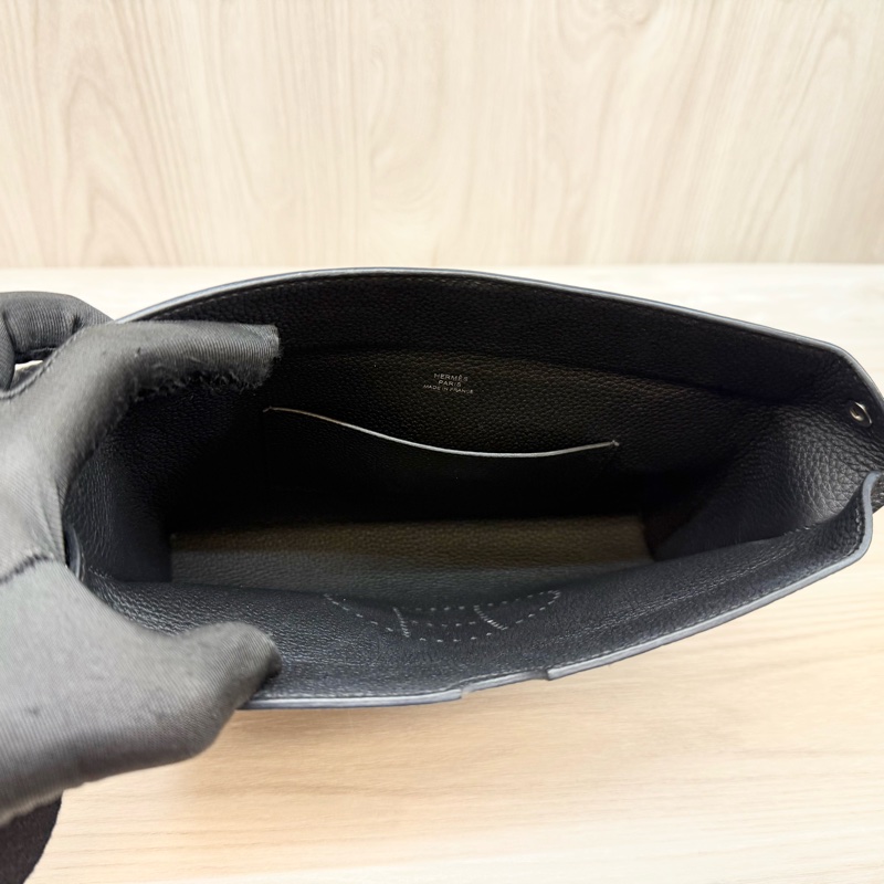 HERMES New💕黑色TOGO皮Videpoches帆布背袋肩背包 H084283-10