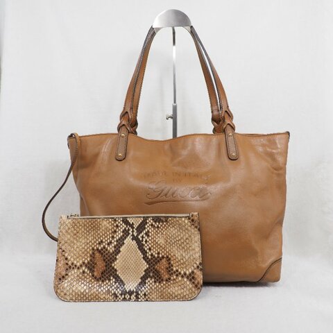 Gucci Brown Leather Craft Tote 焦糖啡色拼原色蟒蛇皮托特包