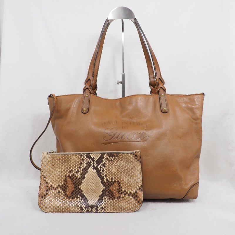 Gucci Brown Leather Craft Tote 焦糖啡色拼原色蟒蛇皮托特包-0