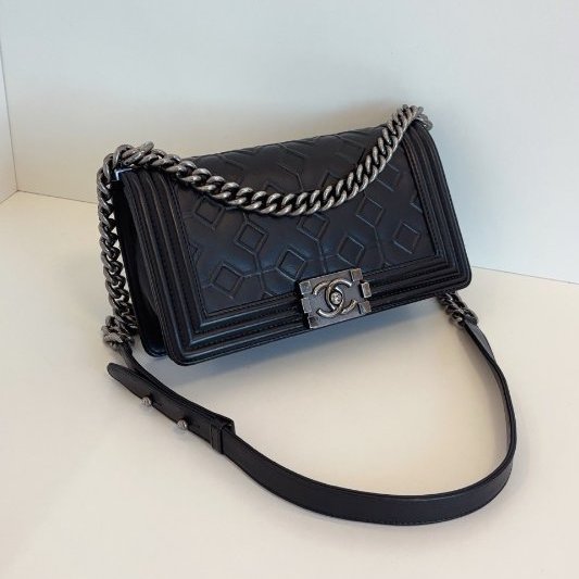 香奈兒/Chanel Leboy 黑銀中號 浮雕幾何格紋鏈條包-2