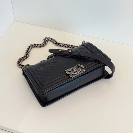 香奈兒/Chanel Leboy 黑銀中號 浮雕幾何格紋鏈條包-8