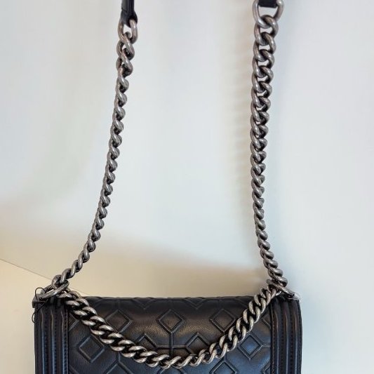 香奈兒/Chanel Leboy 黑銀中號 浮雕幾何格紋鏈條包-10