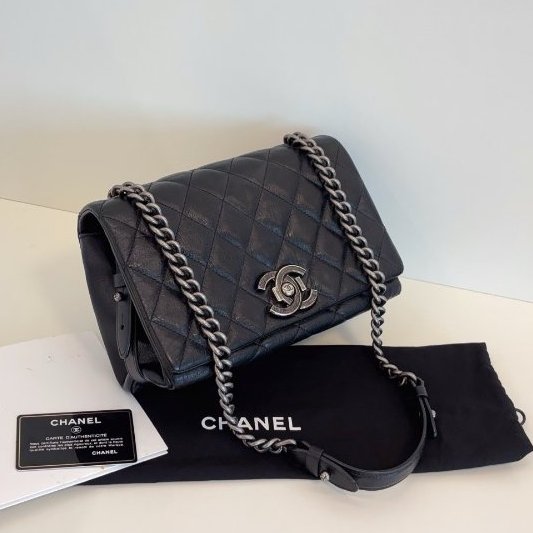 近新品 香奈兒/Chanel 孟買黑銀翻蓋鏈條包 複古牛皮菱格 做舊五金-2
