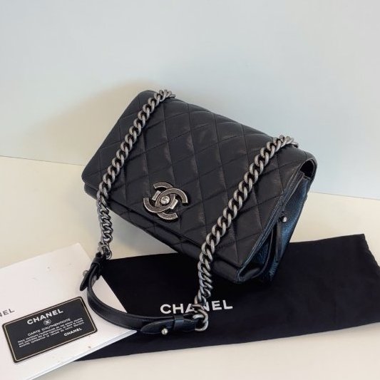 近新品 香奈兒/Chanel 孟買黑銀翻蓋鏈條包 複古牛皮菱格 做舊五金-3