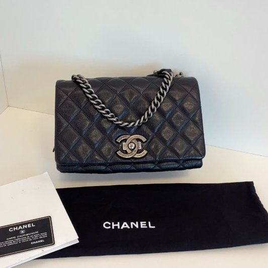 近新品 香奈兒/Chanel 孟買黑銀翻蓋鏈條包 複古牛皮菱格 做舊五金-5