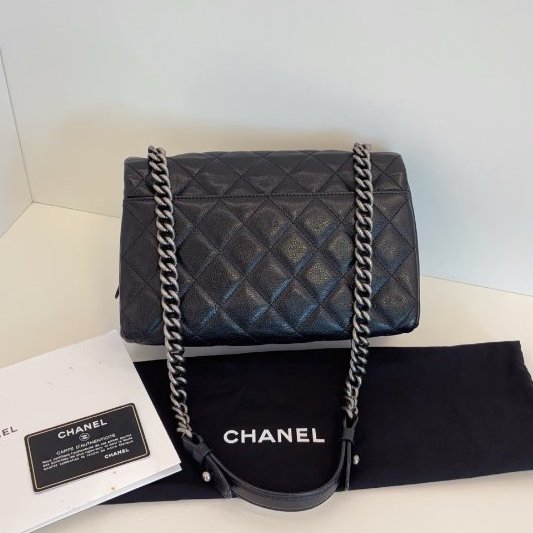 近新品 香奈兒/Chanel 孟買黑銀翻蓋鏈條包 複古牛皮菱格 做舊五金-6