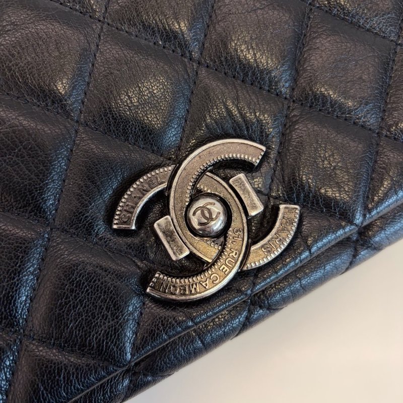 近新品 香奈兒/Chanel 孟買黑銀翻蓋鏈條包 複古牛皮菱格 做舊五金-9