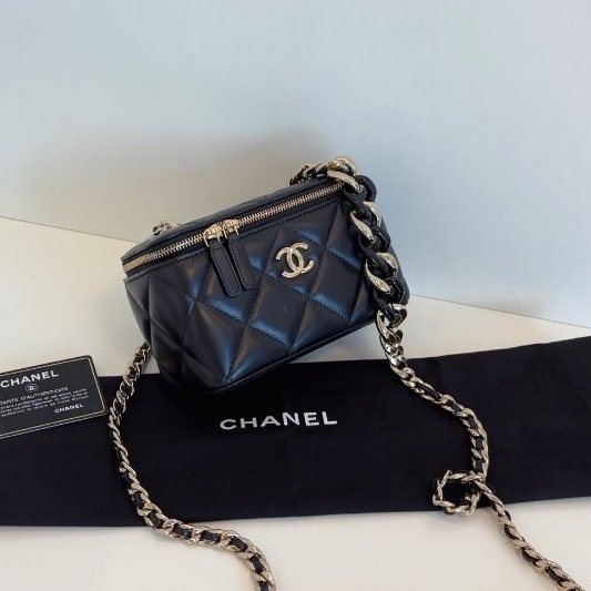 香奈兒/Chanel 黑色淡金扣 化粧包 長盒子 鏈條包-2