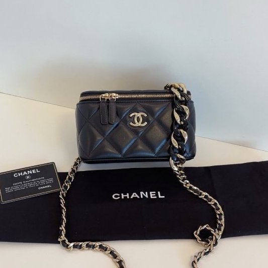 香奈兒/Chanel 黑色淡金扣 化粧包 長盒子 鏈條包-5