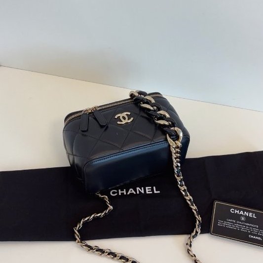 香奈兒/Chanel 黑色淡金扣 化粧包 長盒子 鏈條包-7