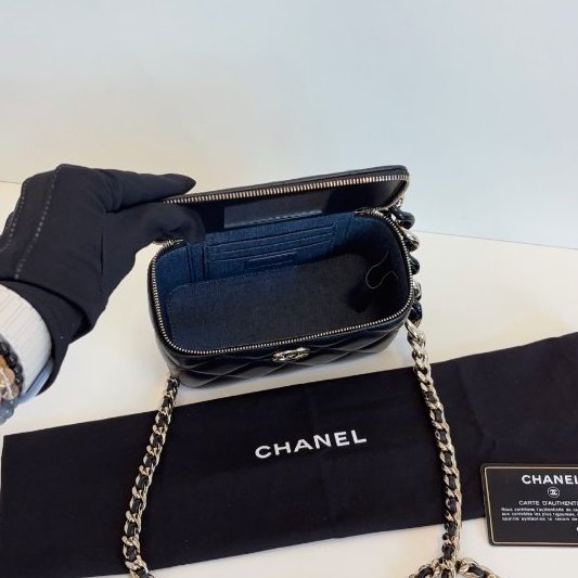 香奈兒/Chanel 黑色淡金扣 化粧包 長盒子 鏈條包-8