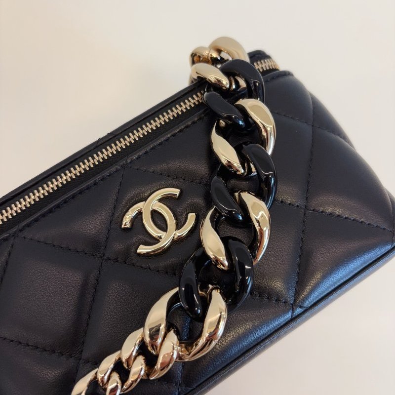 香奈兒/Chanel 黑色淡金扣 化粧包 長盒子 鏈條包-9