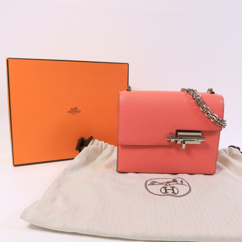 HERMES Chevre皮革Verrou Mini鏈帶肩背袋Rose Lipstick-9